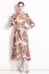 Runway Fashion Drop-Dead Gorgeous Abstract Print, Stand Collar, Long Sleeve Vintage A-Line Party, Cocktail Maxi Dress